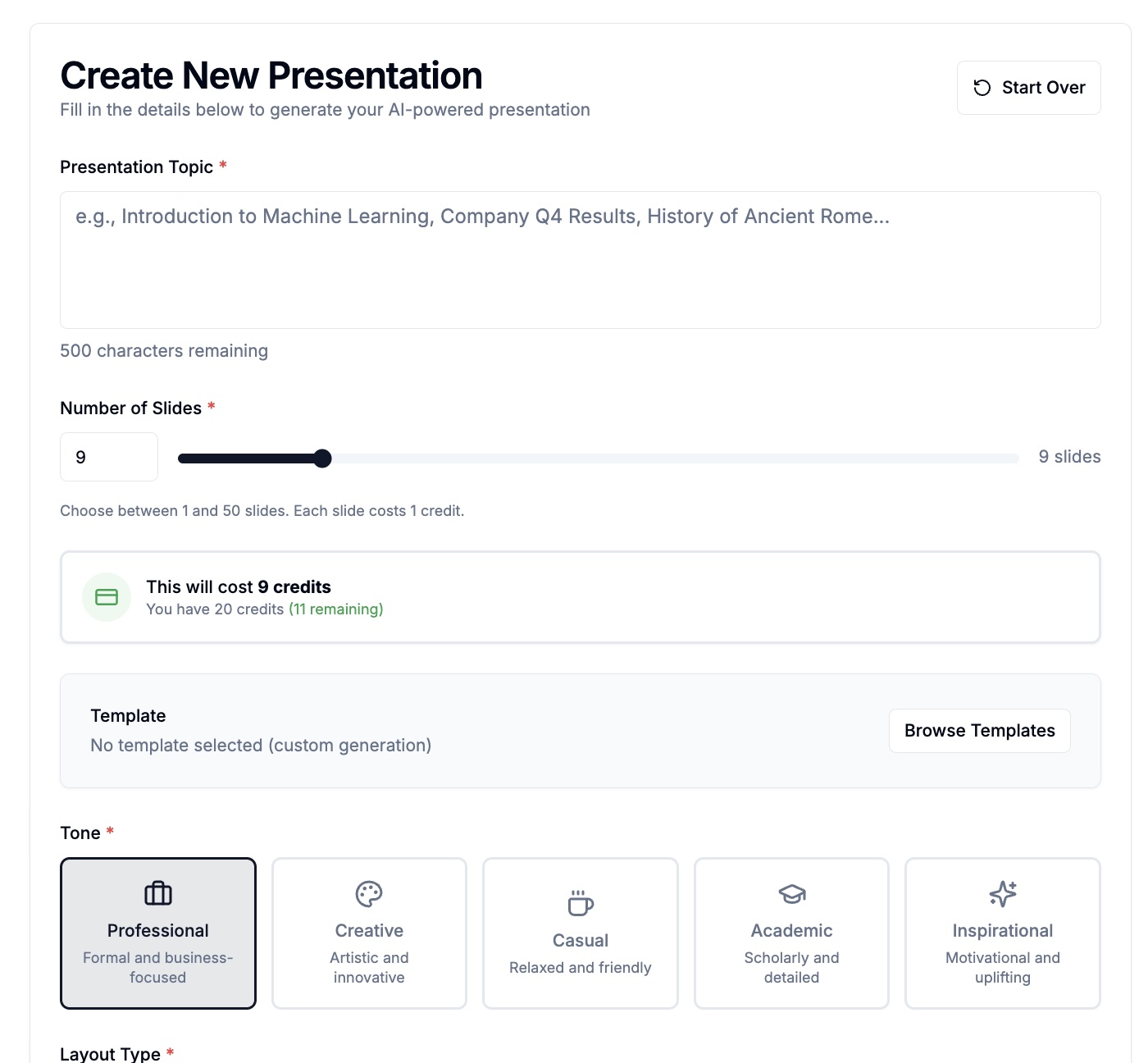 SlideForge AI presentation generator interface - Create professional presentations with artificial intelligence powered generation in seconds
